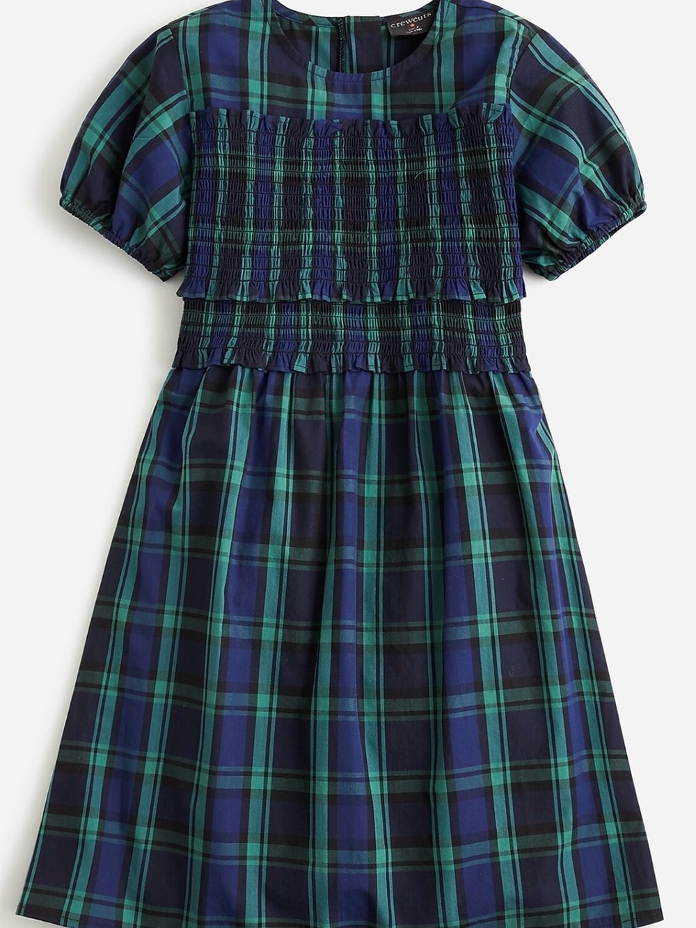 Girls' smocked puff-sleeve dress in tartan